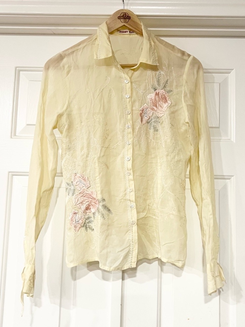 Johnny Was | Sheer Cream Floral Roses Embroidered Button-Up Blouse